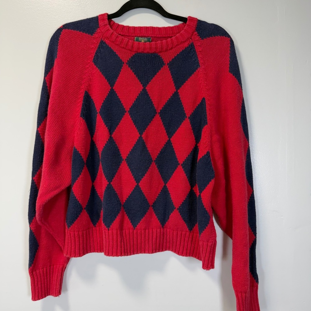 Vintage 80s Academius Red Navy Argyle Ramie Cotton Knit Sweater Womens Small‎